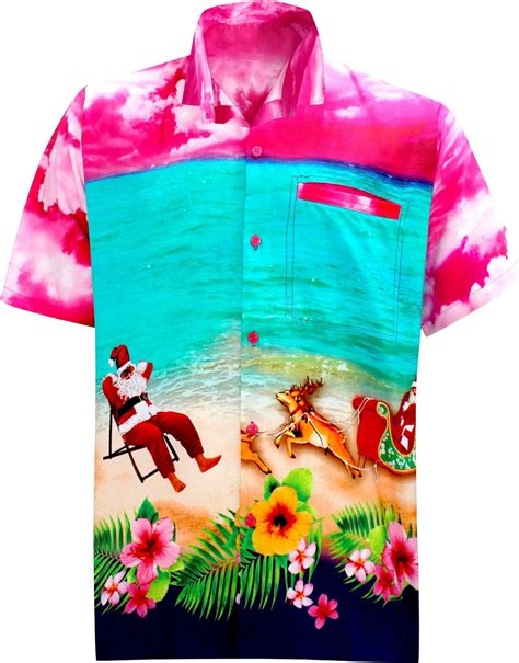 LA LEELA Herren Button Down Hawaiihemd Funky Weihnachten Druck Kurzarm Casual Strand Sommer