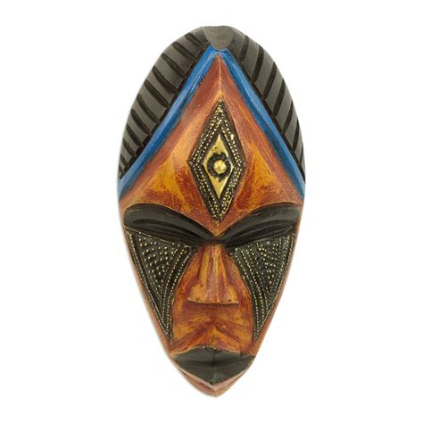 Hand Carved African Sese Wood Mask With Brass Plate Jabu Novica