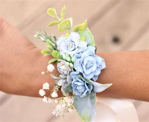Corsage And Boutonniere Blue Flower Wrist Corsage White Etsy In Corsage And Boutonniere