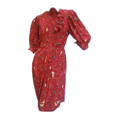 Emanuel Ungaro Paris Crimson Silk Circus Print Dress Size 6 C 1980