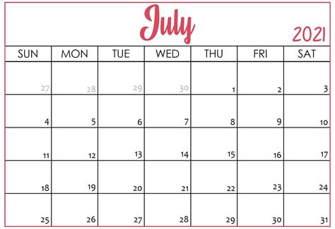 Cute July 2021 Calendar Printable Template For Kids And Students