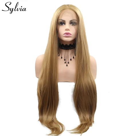 sylvia long silky straight hair golden blonde synthetic lace front wig middle part heat