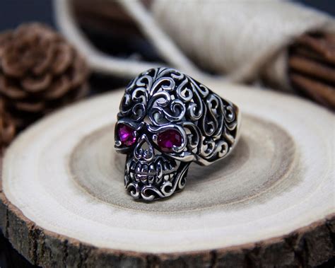 925 Sterling Silver Skull Ring With Garnet Eyes Men Rings Etsy