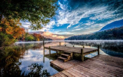Lake Nature Sunset Mountain Fall Pier Forest Mist