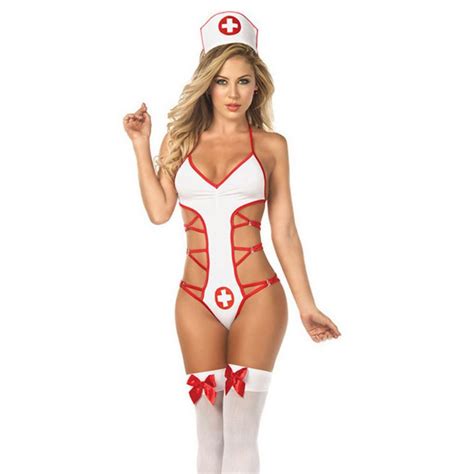 Womens Erotic Nurse Cosplay Lingerie Uniform Set Halter Deep V Neck
