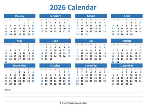 2026 Yearly Calendar With Notes Horizontal Layout