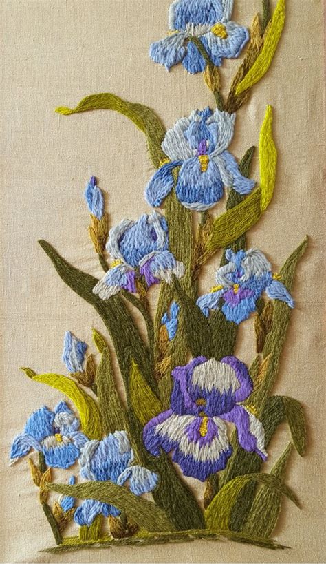 Vintage Crewel Flower Embroidery Irises Large Framed Wall Etsy