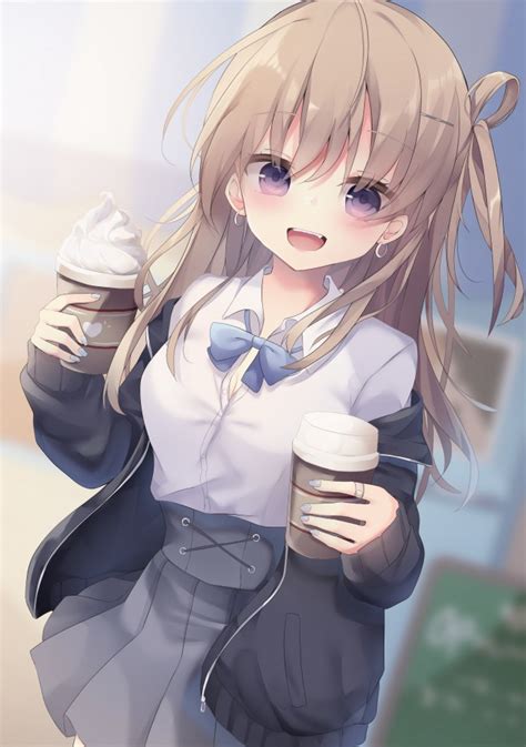 Wallpaper Anime School Girl Smiling Coffee Ice Cream