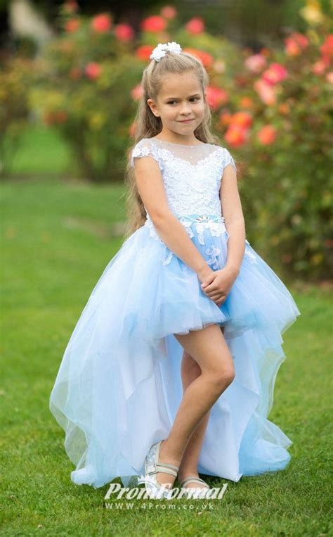 Free Shipping High Low Princess Light Blue Flower Girl Dress Girls