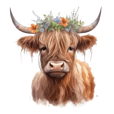 Highland Cow With Flowers Png