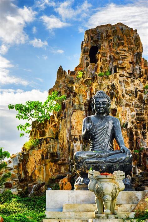 Majestic Black Buddha Statue Near Rock Danang Vietnam Stock Image