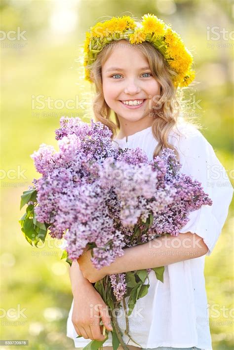 Portrait Of Little Girl Outdoors In Summer Stock Photo Download Image