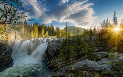 Waterfall Sunset River Forest Nature Landscape Sun Rays Mist