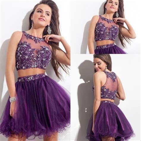 Two Piece Beaded Purple Short Prom Dresses 2015 Sexy Sparkly Elegant 2