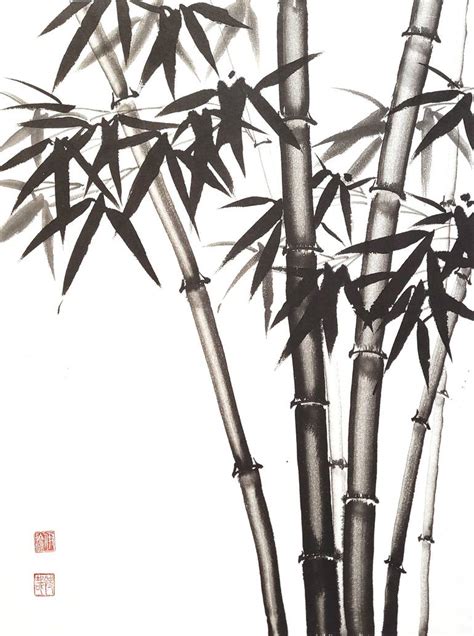 Six Bamboo Trunks Original Chinese Brush Painting On Rice Xuan Paper