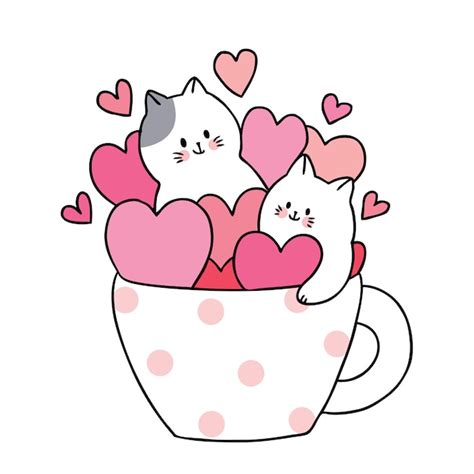 Premium Vector Cartoon Cute Valentines Day White Cats And Many Hearts In Cup Coffee