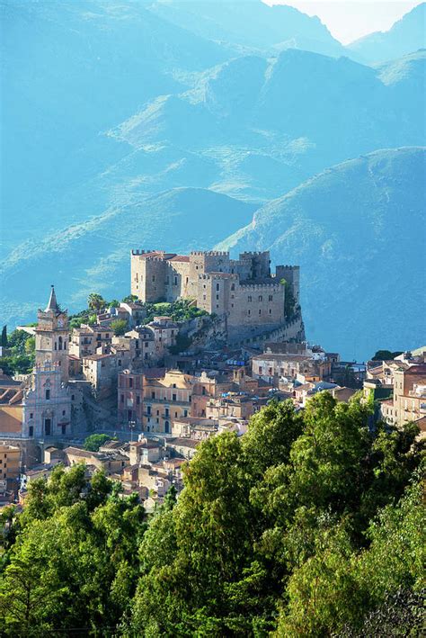 Elevated View Of Caccamo Castle And Mountains Caccamo Sicily Italy