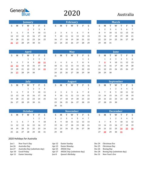 2020 Australia Calendar With Holidays