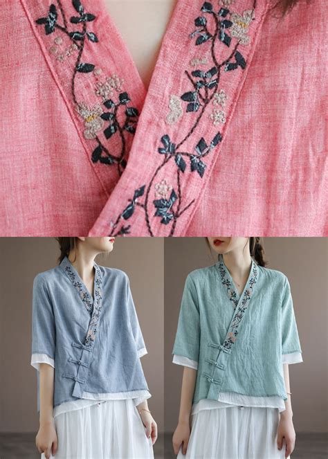 Chinese Style Lake Blue V Neck Double Deck Cotton Top Half Sleeve