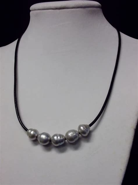 Huge Silver Gray Baroque Pearls On Black Leather Cord With Loop And