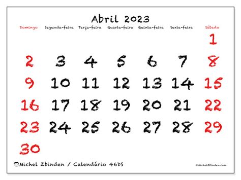 Calendário De Abril De 2023 Para Imprimir “49sd” Michel Zbinden Mo