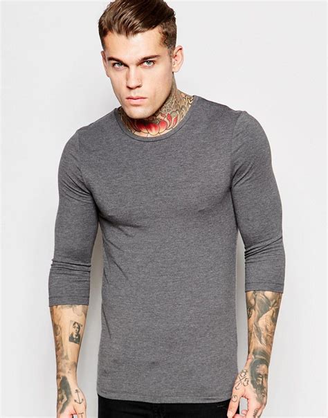 Asos Extreme Muscle 34 Sleeve T Shirt With Crew Neck In Grey At Long Sleeve Tshirt