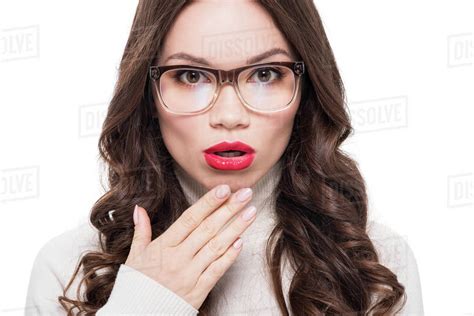 Young Surprised Woman With Red Lipstick Wearing Trendy Glasses And