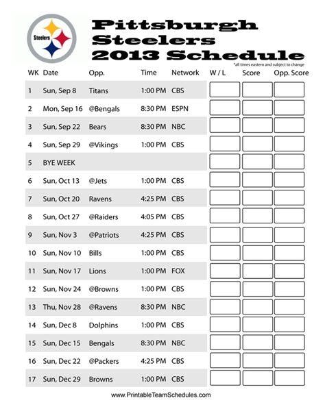 Pittsburgh Steelers Schedule Printable