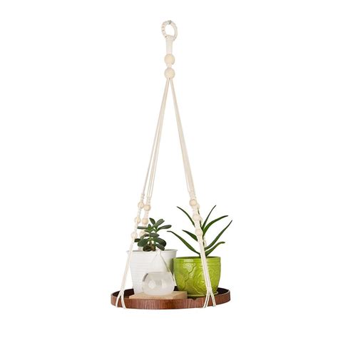 Hanging Plant Holders With Brown Wooden Shelf Timeyard