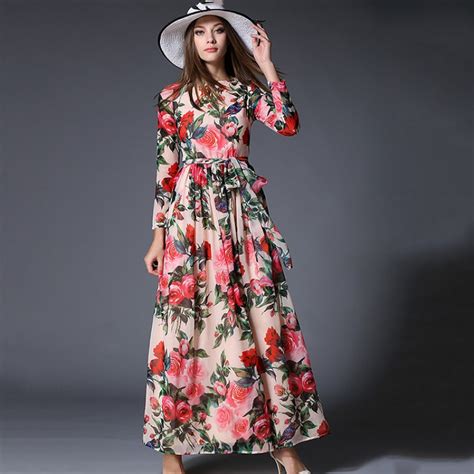Tingyili Floral Maxi Dress Long Sleeve Printed Chiffon Dress Bohemian Beach Long Dress Women