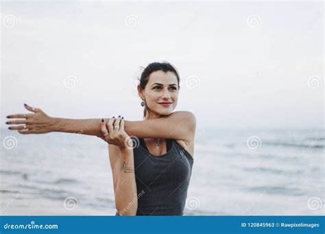 Woman Exercising At The Beach Stock Image Image Of Stretching Morning 120845963