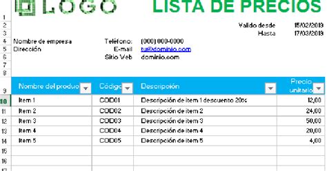Excel Cursos Y Plantillas Contables Plantilla De Lista De Precios