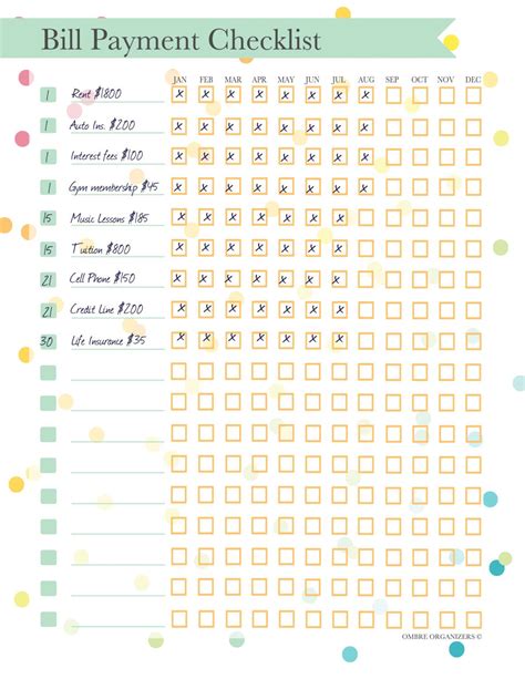 Bill Payment Checklist Organizer Printable Instant Download Etsy