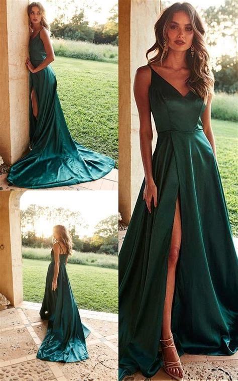 A Line V Neck Satin Long Prom Dress With Split Dark Green Evening Dress