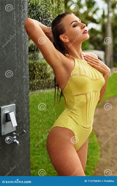 Closeup Woman With Body Taking Shower Outdoors At Beach Stock Photo Image Of Hygiene Body