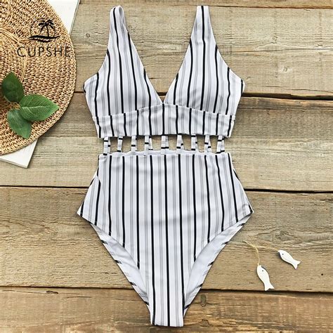 Cupshe Striped Cutout One Piece Swimsuit Women Strappy Removable V Neck Monokinis 2019 Girl New