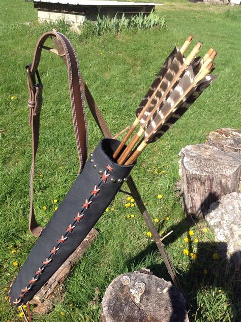 Large Black Leather Archery Quiver With Brown Leather Lacing Silver