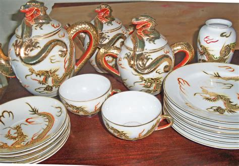 Vintage 1950 Nippon Japanese Moriage Lithophane Dragonware Tea Set