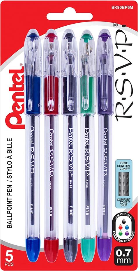Pentel Rsvp Ballpoint Pen 0 7mm Fine Point Assorted Black Blue Red Green Violet Ink 5