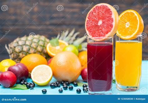 Glasses Of Freshly Squeezed Summer Fruit Juice Stock Photo Image Of
