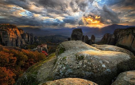 Nature Landscape Mountain Sunset Greece Monastery Cliff Clouds Fall Wallpapers Hd
