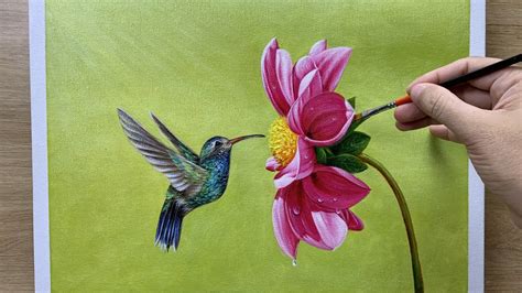 Daily Art 013 Acrylic Dahlia And The Hummingbird Painting Youtube