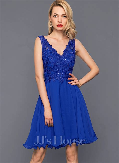 A Line V Neck Knee Length Chiffon Lace Homecoming Dress 022157213