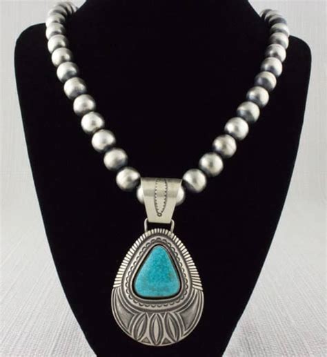 Navajo Sterling Silver Bead Necklace With Natural Birdseye Kingman