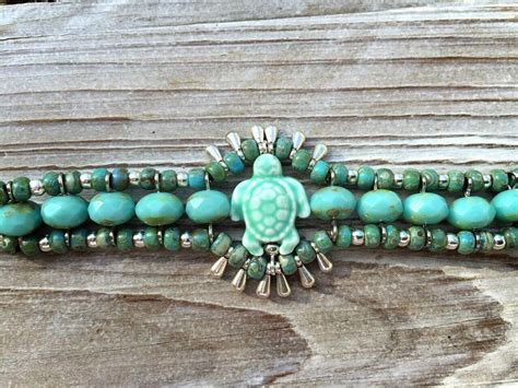 Mermaid S Treasure Sea Turtle Beaded Bracelet In Turquoise Etsy