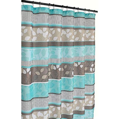 Aqua Blue Fabric Shower Curtain Primitive Striped Floral Design Teal