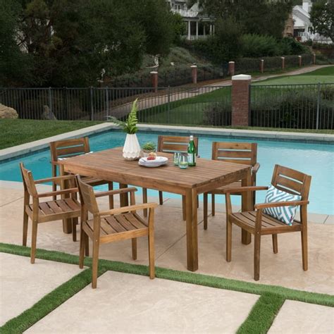 William Outdoor 7 Piece Acacia Wood Dining Set With Expandable Dining