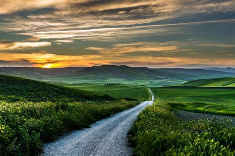 Road Sunset Field Italy Clouds Grass Mountain Wildflowers Green Landscape Nature
