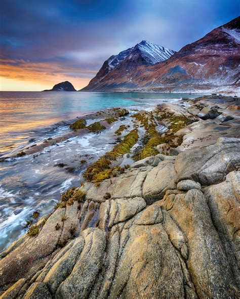 Beautiful Sunset Norway Landscape Of Picturesque Stones On The Arctic