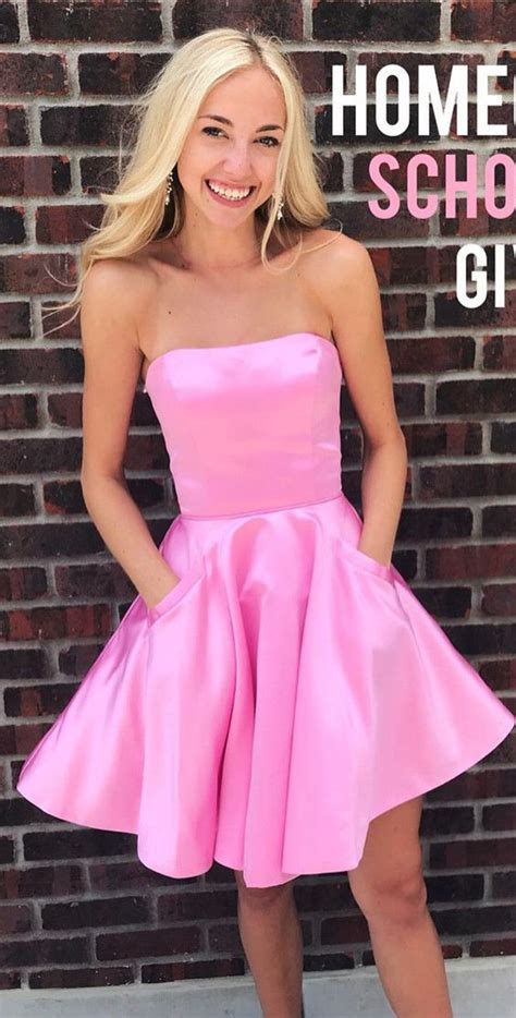 Hot Pink Strapless Mini Prom Dress With Pocket Satin Homecoming Dress